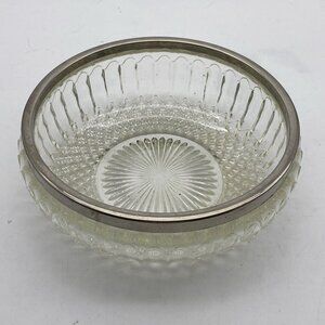 Vtg Cut Crystal Bowl 8 3/4”‎ W Silver Plate Rim England Spike Diamond Design MCM